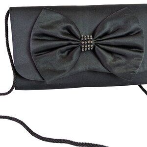 La Regale Satin Black Evening Bag with Bow Snap Closure Rope Shoulder Purse